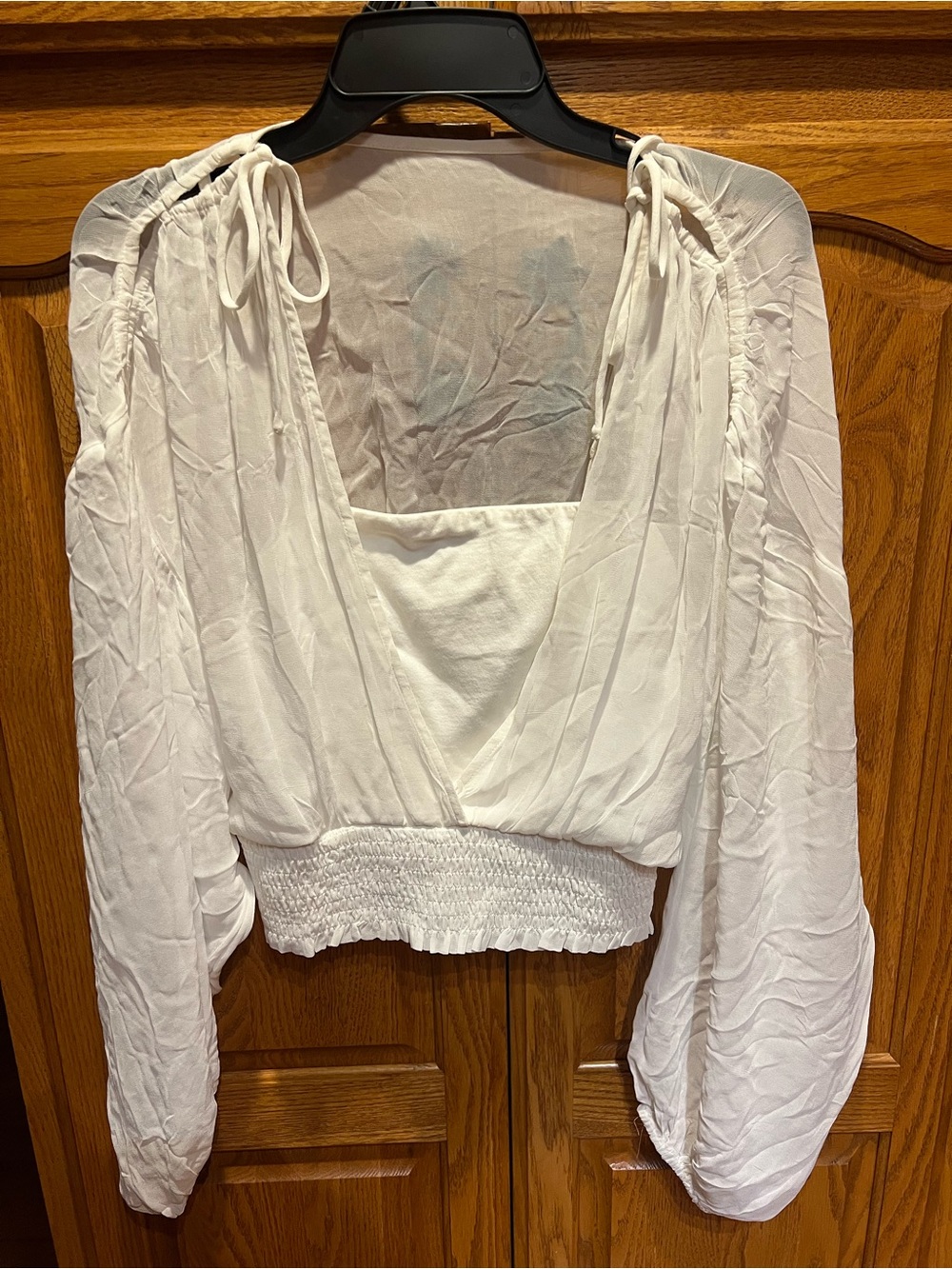 Anthropologie White Sheer V-Neck Smocked-Waist Blouse